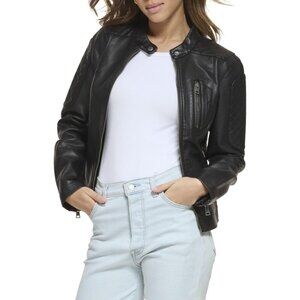Levi's Women's Leather Motocross Racer Jacket Long Sleeves Front Zipper Black